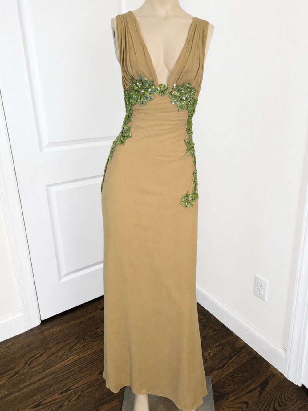 Vintage Mandalay Green Silk Beaded Sequin Y2K Plunging V Neck Evening Gown 6